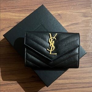Yves Saint Laurent Black Leather Gold Monogram Wallet